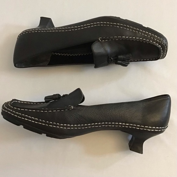Aerosoles 8.5 Frontgate Black Leather Tassel Loafers Flare Heels Career Shoes - Picture 10 of 12